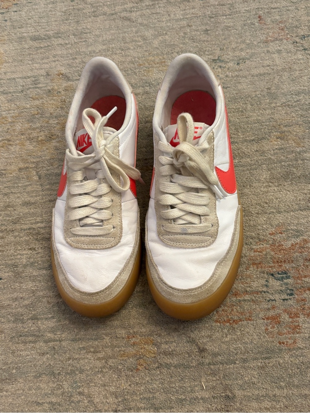 Nike White Leather Sneakers with Red Swoosh